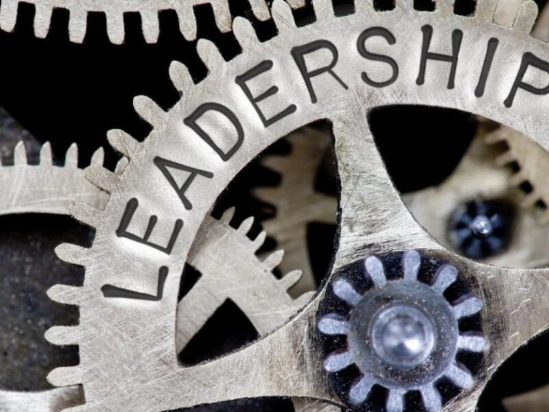 Leadership is written in large capital letters on a cog that is part of a larger mechanism